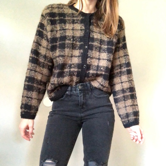 Vintage Sweaters - Vintage Brown Black & Tan Windowpane Plaid Cardigan Size Medium